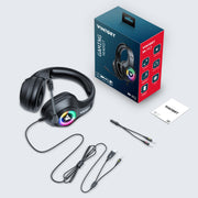 Wired eSports Braided Cable Headphones with Luminous Effects for Mobile and PC Gaming by eprolo displayed with packaging, highlighting accessories and vibrant design.