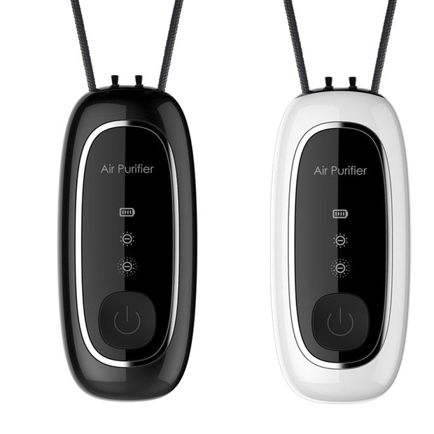 Black and white portable negative ion air purifier by eprolo, designed for hanging around the neck, featuring a sleek design and multiple indicator lights.