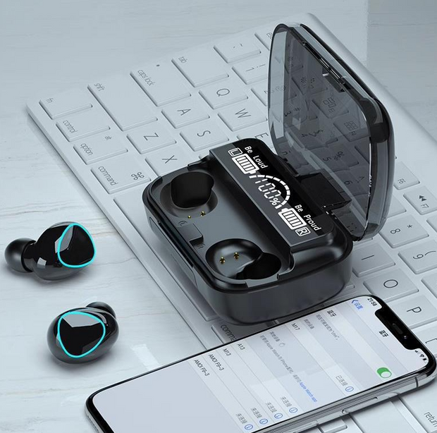 M10 Bluetooth earphones by eprolo showcased with charging case on a keyboard, featuring battery indicator and stylish design, perfect for gaming and music.