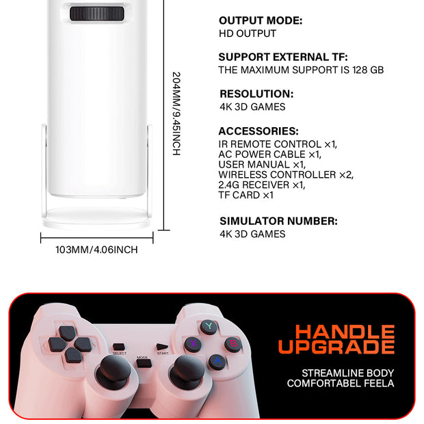 Specifications and dimensions of the Square P30max High Definition 4K Gaming Projector, including features and accessories, by eprolo.