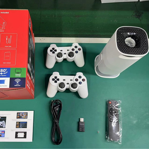 Contents of the Square P30max High Definition 4K Gaming Projector box, including projectors, game controllers, and accessories, from eprolo.