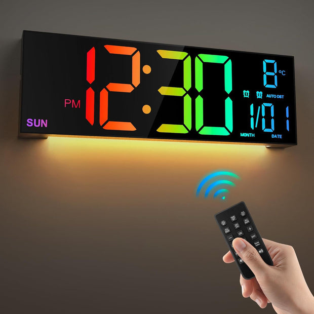 16" Remote Control Dual Alarm Wall Clock with 8 RGB Colors by eprolo, showcasing vibrant colored LED display and remote control functionality.