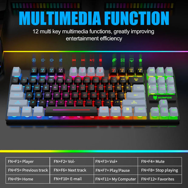 Multimedia functions of the 87-Key Ergonomic Gaming Keyboard with Colorful LED Backlight from eprolo, highlighting 12 multimedia keys for efficient entertainment control.