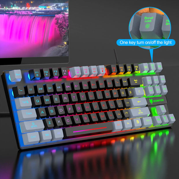 87-Key Ergonomic Gaming Keyboard with Colorful LED Backlight by eprolo, featuring a sleek design and one-touch LED light control, ideal for enhancing workspace ambiance.