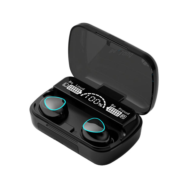 M10 Bluetooth earphones by eprolo shown in charging case with battery percentage display, featuring stylish design for gamers.
