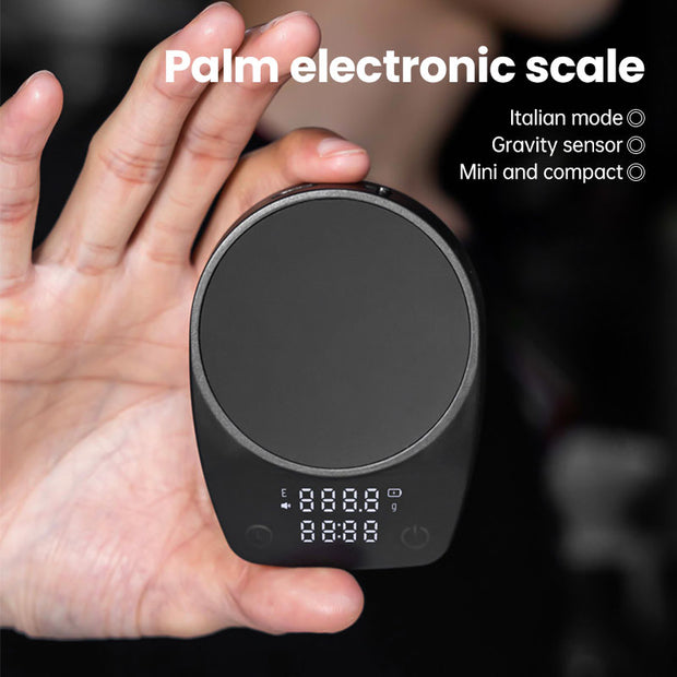 Compact palm-sized Mini Electronic Coffee Scale by eprolo held in a hand, showcasing its lightweight design for easy travel.