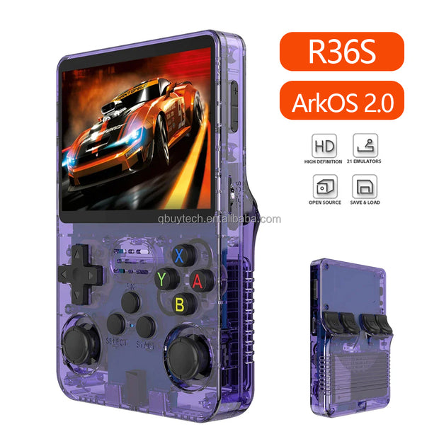 R36S Portable Handheld Arcade Console by eprolo featuring a vibrant 3.5" screen and sleek design for open source handheld games.