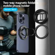 Magnetic Car Phone Holder by eprolo - Two-way magnetic foldable mobile phone holder showcased with a metallic black finish, used with an iPhone while a person exercises with dumbbells.