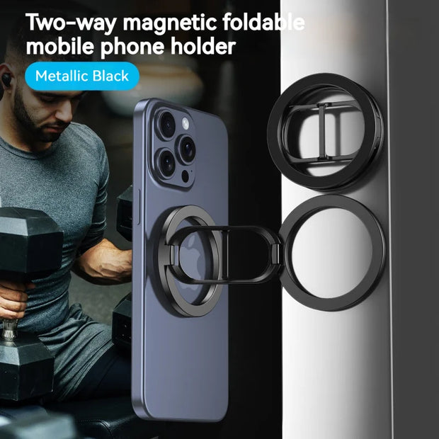 Magnetic Car Phone Holder by eprolo - Two-way magnetic foldable mobile phone holder showcased with a metallic black finish, used with an iPhone while a person exercises with dumbbells.