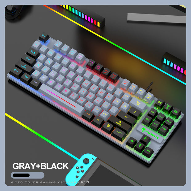 87-Key Ergonomic Gaming Keyboard with Colorful LED Backlight by eprolo, illustrating its compact layout and stunning LED lighting suitable for gaming and office use.