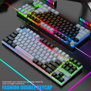 87-Key Ergonomic Gaming Keyboard with Colorful LED Backlight from eprolo, showcasing dual-color keycaps and vibrant lighting effects, perfect for gamers and office use.
