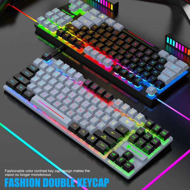 87-Key Ergonomic Gaming Keyboard with Colorful LED Backlight from eprolo, showcasing dual-color keycaps and vibrant lighting effects, perfect for gamers and office use.