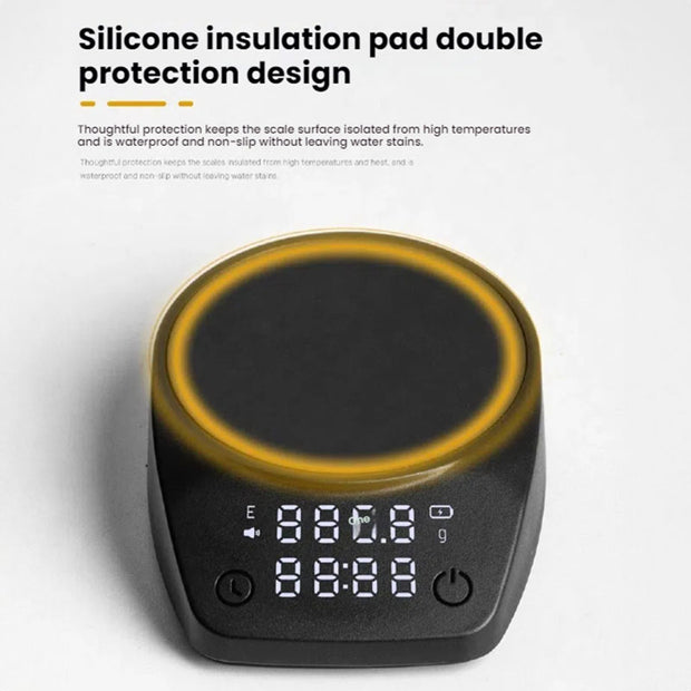 Mini Electronic Coffee Scale by eprolo featuring a silicone insulation pad for double protection, designed for high precision weighing and portable use.