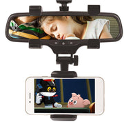Universal 360° Car Rearview Mirror Mount Holder cradle for cell phone and GPS, illustrating its sleek design and practical functionality for drivers.