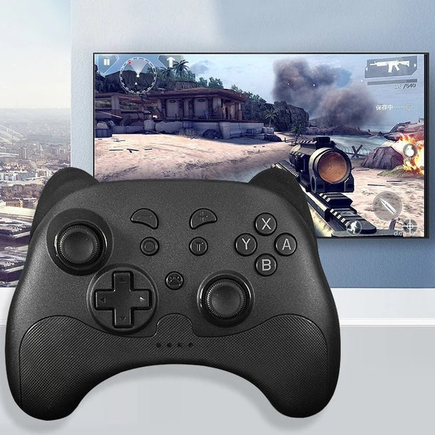 Gaming controller from eprolo, used with Nintendo Switch, featuring a sleek black design while being used for gaming on TV.