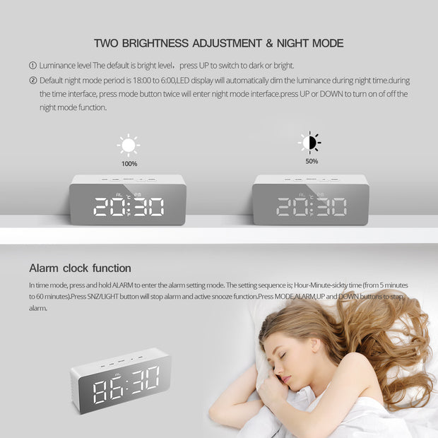 Eprolo multi-function desk clock demonstrating two brightness adjustment settings and night mode feature.