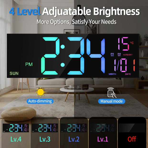 Stylish 16" Remote Control Dual Alarm Wall Clock from eprolo, highlighting adjustable brightness settings for customizable viewing.