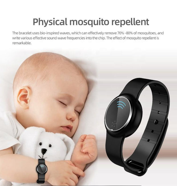 eprolo Ultrasonic Mosquito Repellent device shown on a sleeping baby, showcasing its safety and effectiveness for children as an anti-mosquito solution.
