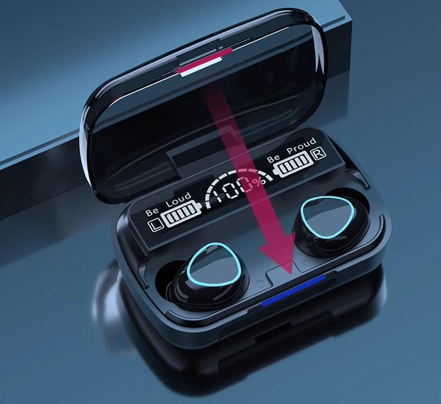 Close-up view of M10 Bluetooth earphones by eprolo in charging case, displaying battery status and sleek design, ideal for immersive audio experiences.