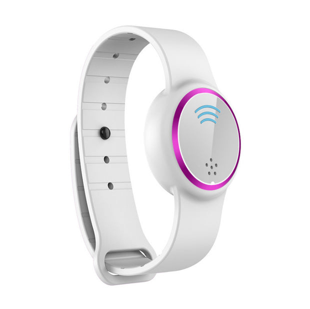 Ultrasonic Mosquito Repellent by eprolo displaying a white wristband with a purple accent, ideal for enjoying nature without mosquito interruptions.