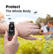 User demonstrating the Ultrasonic Mosquito Repellent Bracelet by eprolo on their wrist, highlighting its mosquito repellent feature.