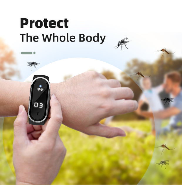 User demonstrating the Ultrasonic Mosquito Repellent Bracelet by eprolo on their wrist, highlighting its mosquito repellent feature.