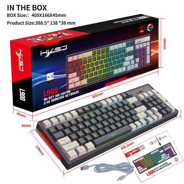 תמונה של מקלדת גיימינג עם תאורת RGB, כפתורים בשני צבעים אפור ולבן, מקלדת ממברנה אלחוטית 2.4G מתוצרת eprolo.