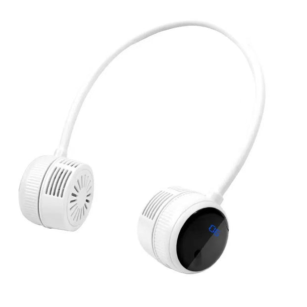 Portable Foldable Neck Fan by eprolo in white with an LCD display, perfect for keeping cool during sports and outdoor events, featuring a lightweight design.