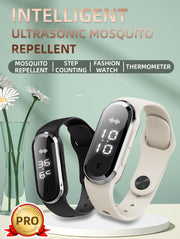 Ultrasonic Mosquito Repellent Bracelet in black and white designed by eprolo, showcasing a stylish electronic watch with digital display.