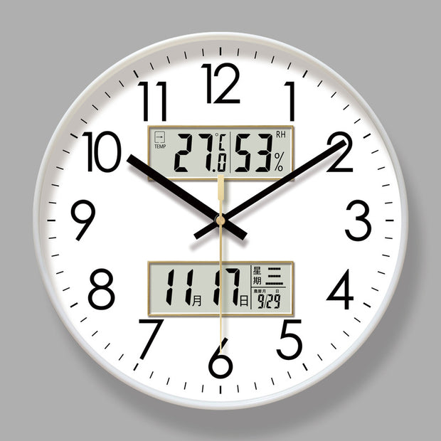 Close-up of 2025 Digital Wall Clock by eprolo showing time, temperature, and humidity features.