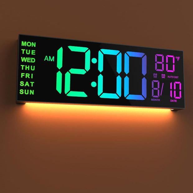 16" Remote Control Dual Alarm Wall Clock by eprolo, elegantly showing colorful time display with ambient lighting.