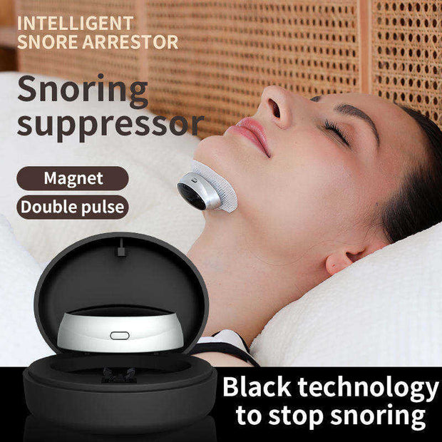 Smart Snoring Stopper Device by eprolo featured on a user’s chin, illustrating its comfortable fit for effective snoring control.