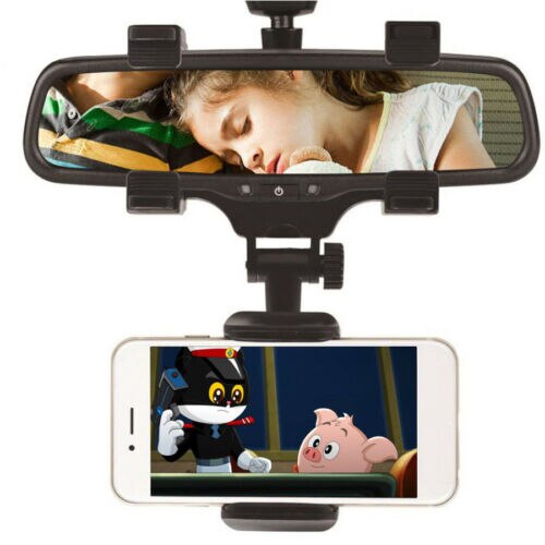 Universal 360° Car Rearview Mirror Mount Stand Holder cradle for hands-free use of cell phone while driving, featuring soft protective contacts.