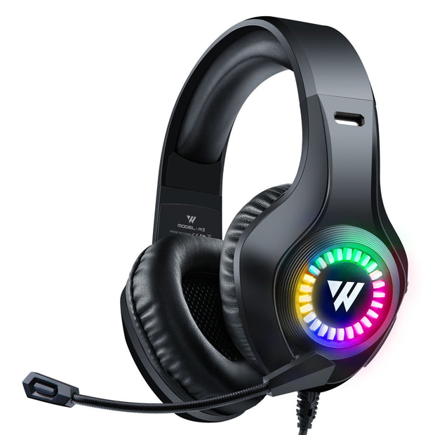 Wired eSports Braided Cable Headphones with Luminous Effects for Mobile and PC Gaming by eprolo showcasing vibrant RGB lighting and a sleek design.