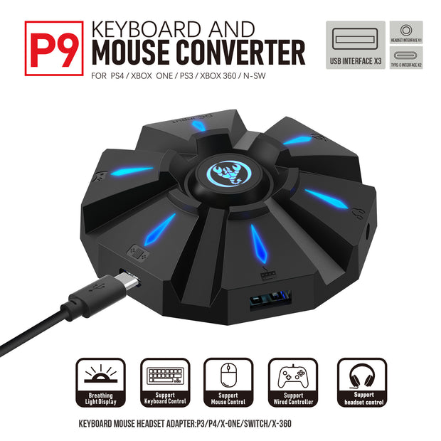 P9 keyboard and mouse converter featuring a breathing light display. Supports keyboard, mouse, and headset control for multiple gaming consoles by eprolo.