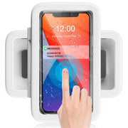Waterproof Shower Phone Case Holder mounted on a bathroom wall, showcasing touch sensitivity for mobile access while showering.
