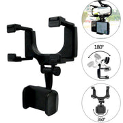 Universal 360° Car Rearview Mirror Mount Holder designed for cell phone and GPS, showcasing its easy installation and durable design.
