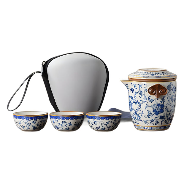 Portable Blue And White Beige Ru Kiln Travel Tea Set from eprolo featuring a charming teapot, three elegant cups, and a stylish carrying case, perfect for outdoor tea gatherings.