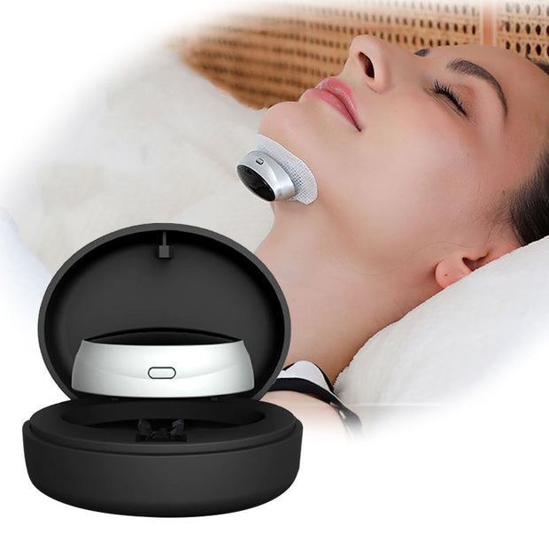 Smart Snoring Stopper Device by eprolo in use, worn comfortably on a woman's chin while she sleeps peacefully. Ideal for improving sleep quality and reducing snoring.
