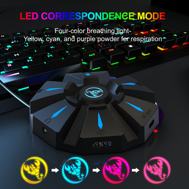 Close-up of the HXSJ P9 keyboard mouse converter with LED lights, illustrating the four-color breathing light feature, by eprolo.