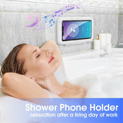 Waterproof Shower Phone Case Holder in Crescent White color installed on a mirror, perfect for easy access to your smartphone.