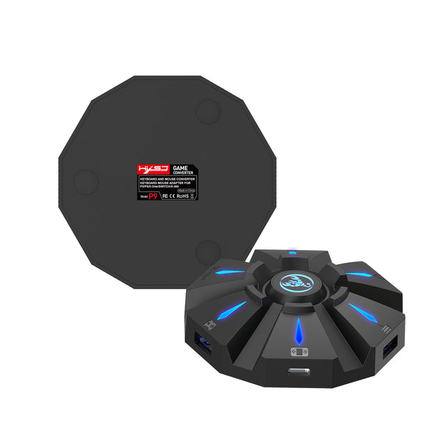 Back view of the HXSJ P9 keyboard mouse converter showing its ports and specifications, a must-have for gamers, by eprolo.