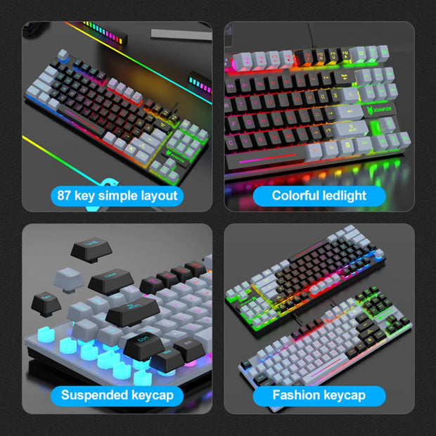 Detailed image of the 87-Key Ergonomic Gaming Keyboard with Colorful LED Backlight by eprolo, showcasing its modern layout and colorful LED key lighting.