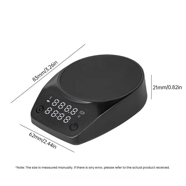 Dimensions of the Mini Electronic Coffee Scale by eprolo, emphasizing its portable design, measuring 83mm x 62mm x 21mm.