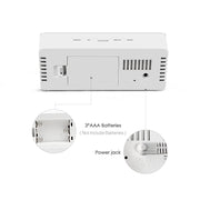 Eprolo multi-function desk clock showing the back with battery compartment and power jack, designed for convenience.