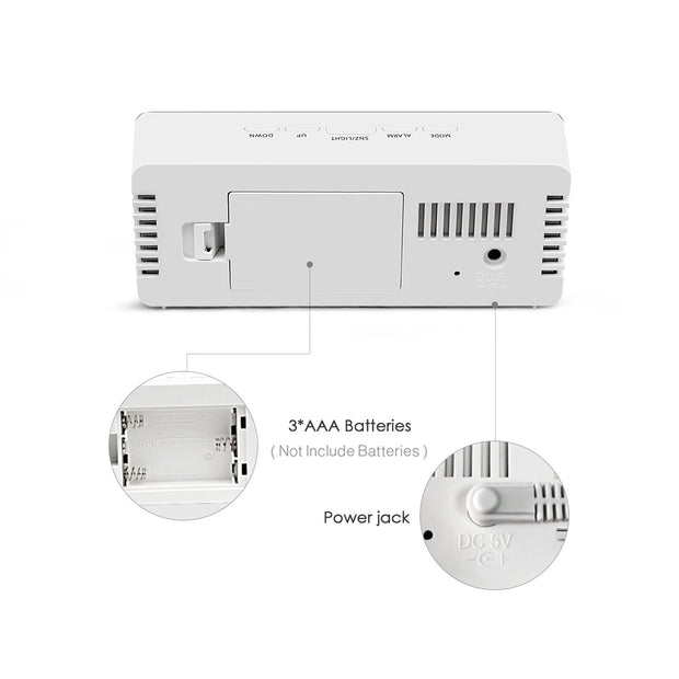 Eprolo multi-function desk clock showing the back with battery compartment and power jack, designed for convenience.