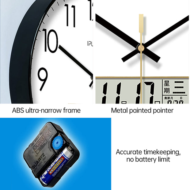 Feature highlight of 2025 Digital Wall Clock by eprolo including battery and its timekeeping capability.