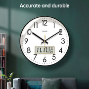 Overview of 2025 Digital Wall Clock by eprolo with temperature and humidity reading.