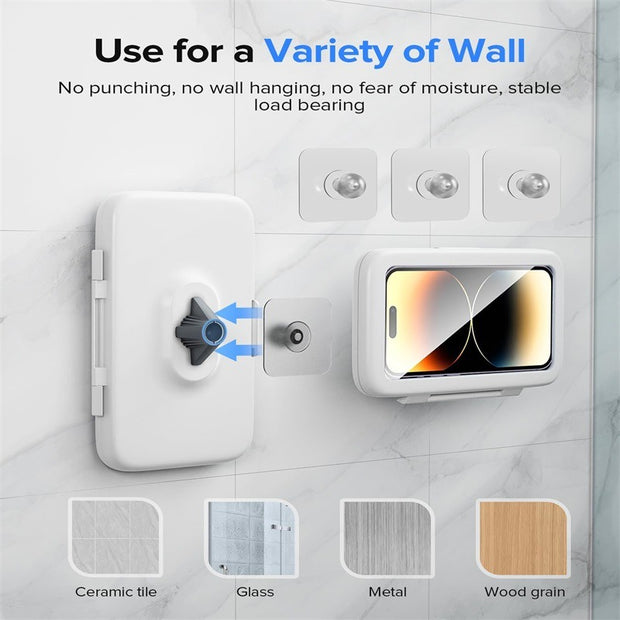 Waterproof Shower Phone Case Holder displayed with smartphone for hands-free access in the bathroom and kitchen.