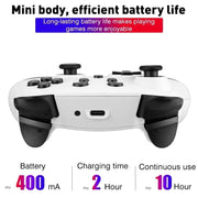 Mini wireless Bluetooth controller with efficient battery life for Nintendo Switch by eprolo, showcasing its compact design and charging details.